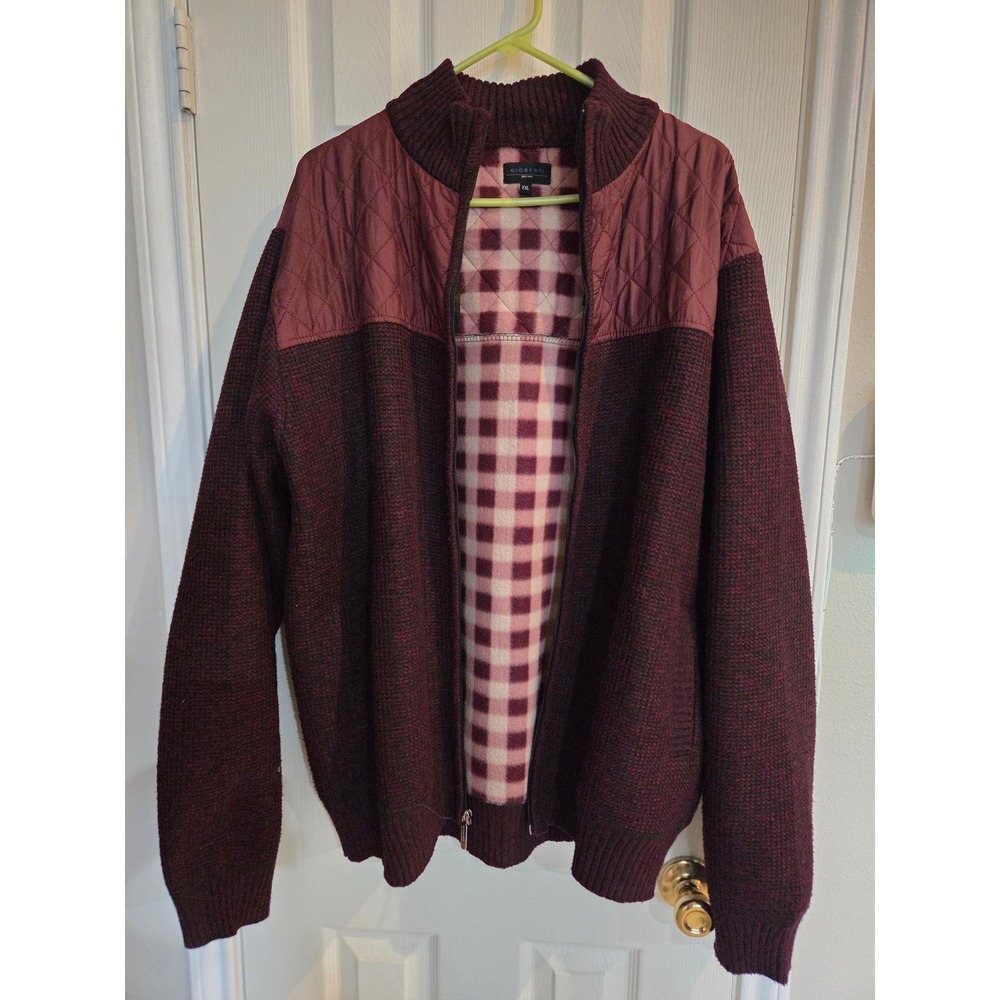 Gioberti Mens XXL Full Zip Cardigan Sweater Burgundy Quilted Yoke Fleece Lined